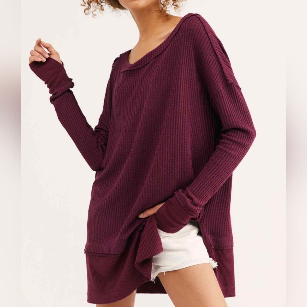 Free People We The Free - North Shore Thermal Knit Tunic Top In Fig Sorbet Sz S